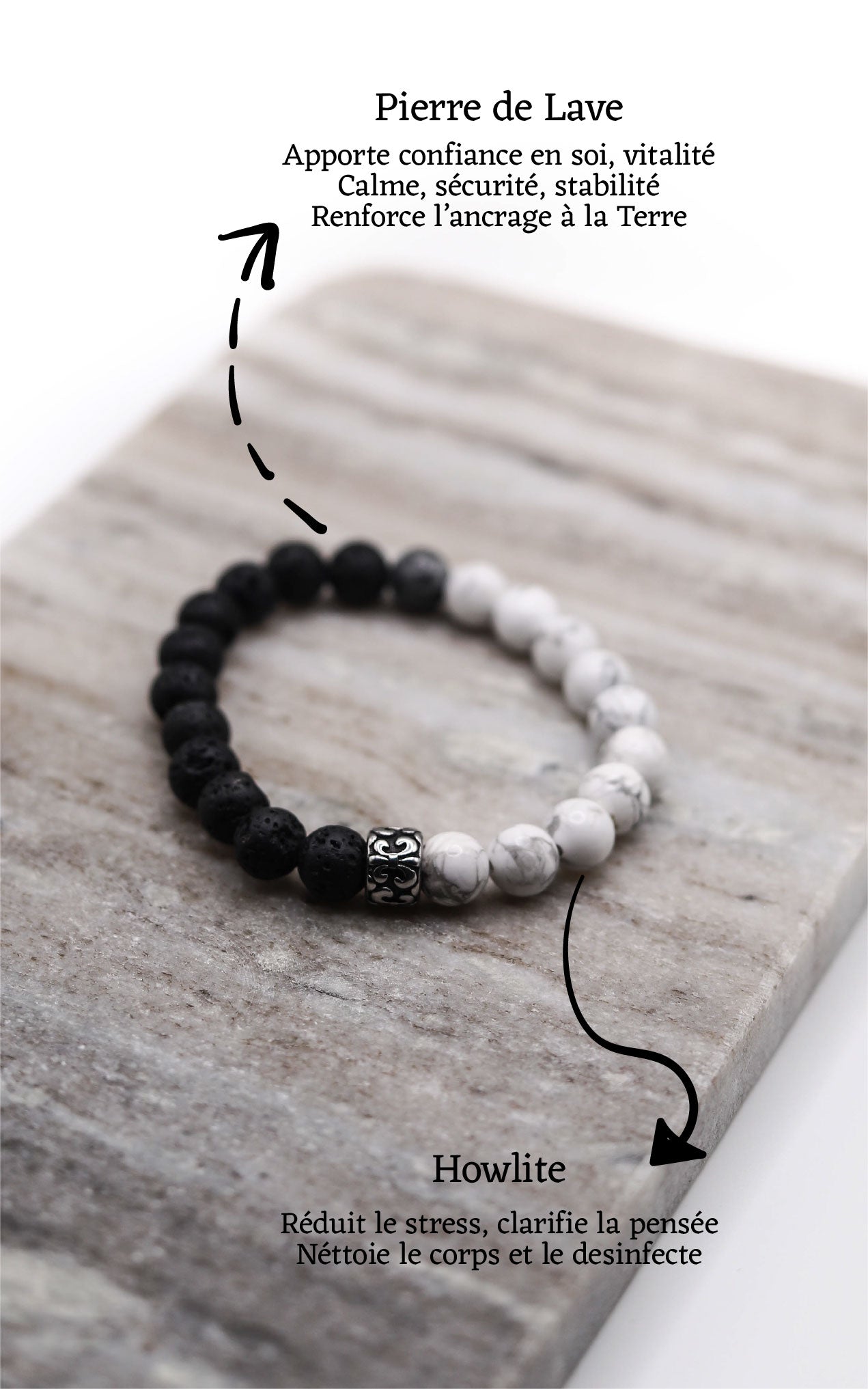 Bracelet lys, howlite et lave avec notations